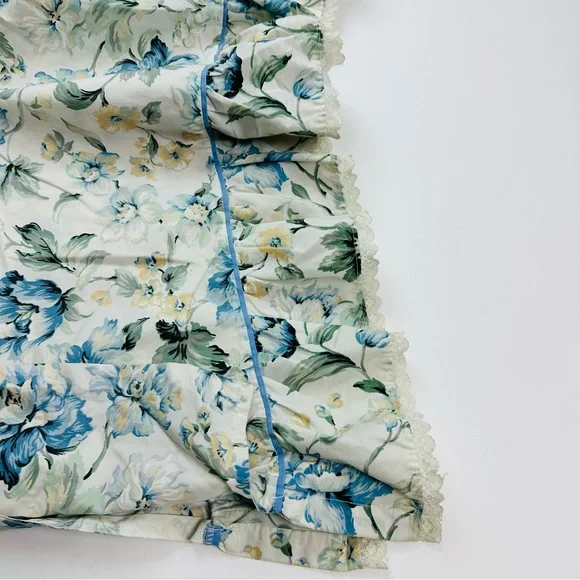 Vintage Blue Floral Cotton Lace Ruffle Trim 2 Standard Pillowcases & Flat Sheet - Picture 11 of 14